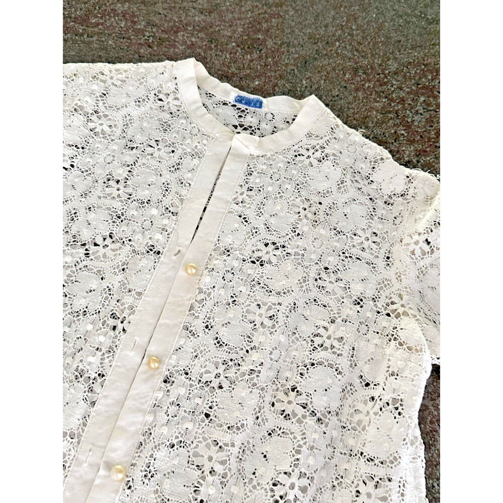 VTG 90s White Lace Blouse Shirt Size Long Sleeve Avon Fashions M rosas embroide - Picture 7 of 8